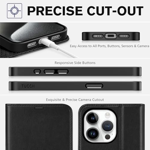 TUCCH Wallet Case for iPhone 15 Pro (6.1") 2023, 4 Card Holders, Black | RFID Blocking, Viewing Stand, Shockproof TPU Shell, PU Leather, Magnetic Closure, Protective Folio Flip Cover - color: Black