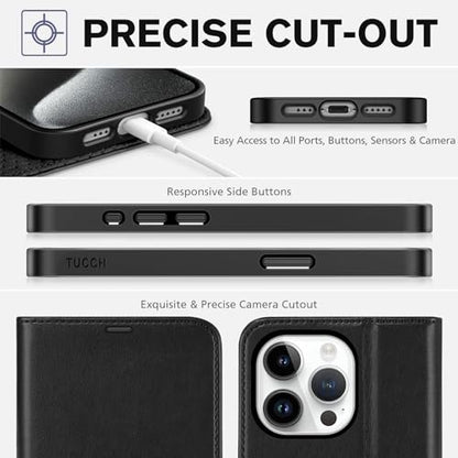 TUCCH Wallet Case for iPhone 15 Pro (6.1") 2023, 4 Card Holders, Black | RFID Blocking, Viewing Stand, Shockproof TPU Shell, PU Leather, Magnetic Closure, Protective Folio Flip Cover - color: Black