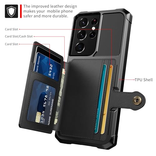 for Samsung Galaxy S21 Ultra Case with Card Holder, Compatible with Magnetic Car Mount, Heavy Duty Shockproof Rugged Soft TPU Back Leather Flip Wallet Cover 6.8 inch, Black | Compatible with Magnetic Car Mount, Shockproof Rugged Soft TPU Hard Back Leather