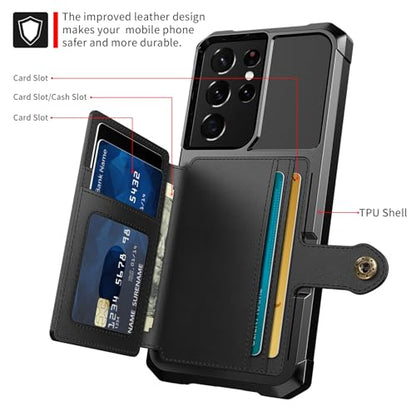 for Samsung Galaxy S21 Ultra Case with Card Holder, Compatible with Magnetic Car Mount, Heavy Duty Shockproof Rugged Soft TPU Back Leather Flip Wallet Cover 6.8 inch, Black | Compatible with Magnetic Car Mount, Shockproof Rugged Soft TPU Hard Back Leather