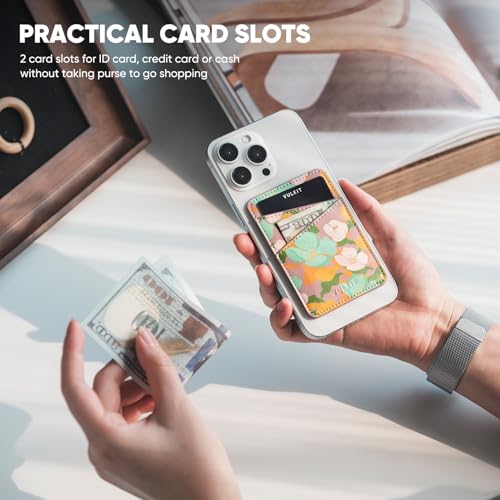 VULKIT Phone Card Holder Wallet Leather Adhesive Pocket RFID Blocking Credit Card Sleeves Stick Back of Phone Smartphones - color: Flower