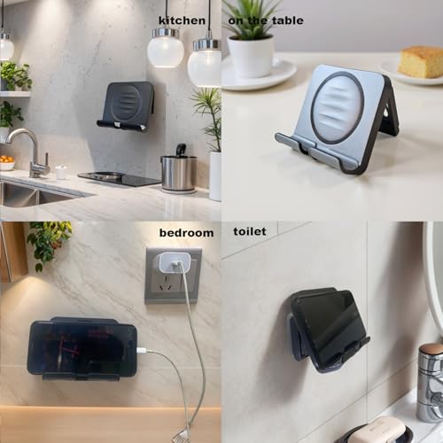 Shower Phone Holder Upgraded, Removable Wall Mounted Hands-Free Cellphone Stand, Angle Adjustable Phone Stand with 3pcs Adhesive Pad for Kitchen Bathroom Dorm Bedroom (Black) - color: black