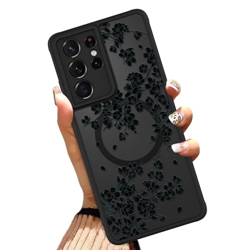 OOK Phone Case Fit for Samsung Galaxy S21 Ultra 6.8 Inch, Black Flowers | Wireless Charging Compatible, Magnetic Phone Cover, Floral Design, Soft TPU + Hard PC, Anti-Scratch, Shockproof, for Women - color: Black Floral, size: for Samsung Galaxy S21 Ultra