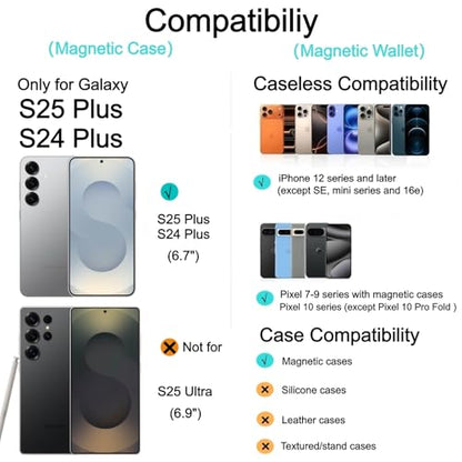 Magnetic for Samsung Galaxy S25 Plus/S24 Plus Case Card Holder﻿ | Detachable Wallet Case, Compatible with MagSafe, Shockproof Phone Cover with RFID Blocking Card Slot, Black - color: Black, size: S25 Plus/S24 Plus 6.7"