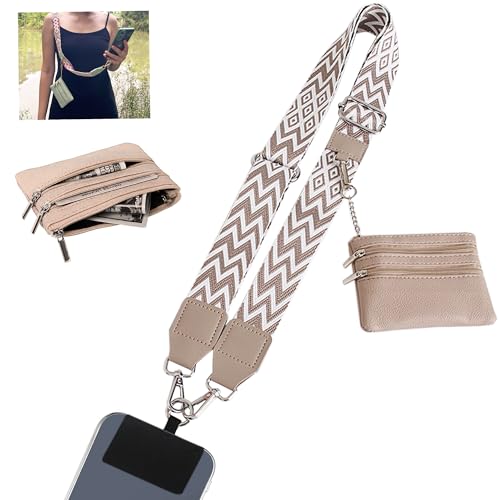 Phone Lanyard Crossbody with Zipper Pouch, Adjustable Phone Strap with Detachable Wallet/Wrist, Holds Multiple Cards & Cash, Clip and Go Strap Women/Teacher Gift for All Phone, Khaki-White - color: Khaki-white