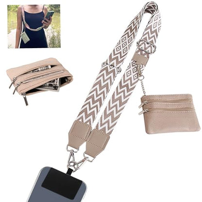 Phone Lanyard Crossbody with Zipper Pouch, Adjustable Phone Strap with Detachable Wallet/Wrist, Holds Multiple Cards & Cash, Clip and Go Strap Women/Teacher Gift for All Phone, Khaki-White - color: Khaki-white