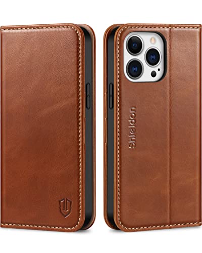 SHIELDON Real Leather Wallet Case for iPhone 13 Pro Max 6.7", Retro Brown | Genuine Leather, Magnetic Closure, RFID Blocking, Credit Card Holder, Kickstand, Flip Design, Shockproof Protective Cover - color: Brown - Retro