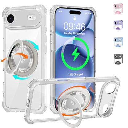 Clear Case for iPhone Air Case with Stand, Compatible with MagSafe | Military Grade Heavy Duty Cover with 360 Rotatable Ring Kickstand -260417 - color: Clear, size: iPhone Air