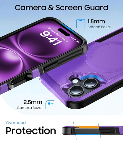 Magnetic for iPhone 17 Case Rugged Dual-Layer Shockproof Purple | Military-Grade Heavy Duty Protection, Fit for Magsafe, Matte Finish Scratch Resistant Anti-Fingerprint, Anti-Slip Phone Cover - color: Purple