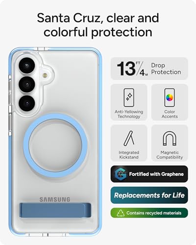 ZAGG Santa Cruz Snap Samsung Galaxy S26+ Case with Kickstand - ICY Blue, Magnetic Crystal Clear Protective Phone Cover, 13ft Drop Protection, Graphene Reinforced, Slim Case with Stand - color: Icy Blue, size: Samsung Galaxy S26 Plus