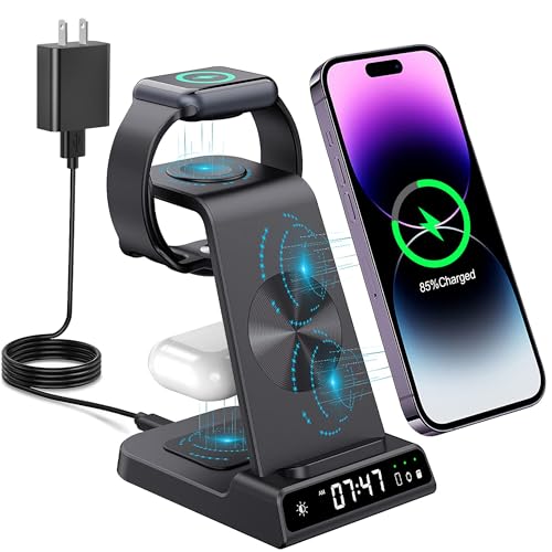 Wireless Charging Station, YiJYi 3 in 1 Watch Charger Stand with Digital Clock Suitable for iWatch SE/6/5/4/3/2/1,AirPods Pro, for iPhone 16/15/14/13/12/11 Pro Max/XS/XR/X/8/Samsung S23/S22/S21 - size: for Apple