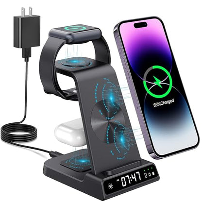 Wireless Charging Station, YiJYi 3 in 1 Watch Charger Stand with Digital Clock Suitable for iWatch SE/6/5/4/3/2/1,AirPods Pro, for iPhone 16/15/14/13/12/11 Pro Max/XS/XR/X/8/Samsung S23/S22/S21 - size: for Apple