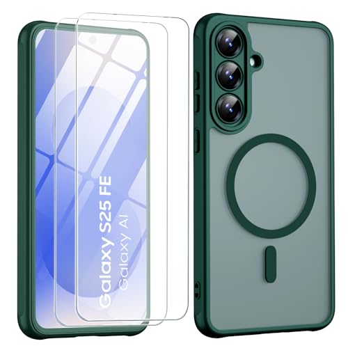 Magnetic for Samsung Galaxy S25 FE Case with Screen Protector 2X,Compatible with MagSafe,Phone Case Slim Hard PC Silicone Bumper Shockproof Protective Cover for Samsung S 25 FE 5G,Green - color: Green, size: Samsung Galaxy S25 FE