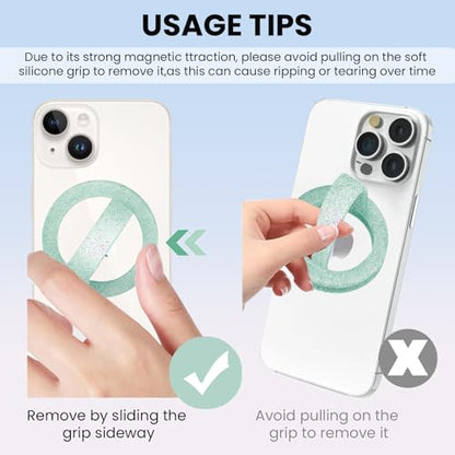 Magnetic Silicone Ring Grip Phone Holder, Phone Loop, Magsafe Phone Grip - color: Green Sparkle