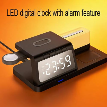 3-in-1 Wireless Charging Station with Digital Clock & Night Light, 15W Fast Qi-Certified Charger for Phones, Smartwatches & Earbuds | Charges 3 Devices Simultaneously, HT309 Black. - color: Multifunctional Alarm Clock Ht309 Black