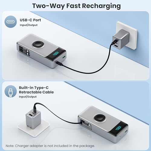 5-in-1 Portable Charger for iPhone,40800mAh Power Bank Built-in Retractable Cable and iWatch Charger,25W PD QC4.0 Fast Charging Battery Pack,Travel Essential Phone Charger for iPhone 17/16/15,Android - color: Black Sliver