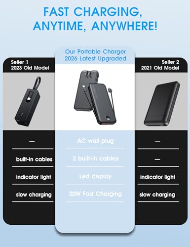 citicr Portable Charger 10000mAh PD20W w/Built-in Cables & Wall Plug Black - color: Matte Black