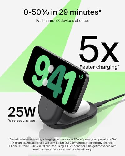 Belkin Qi2.2 25W Wireless 3 in 1 Foldable Fast Charging Station for iPhone - color: Black