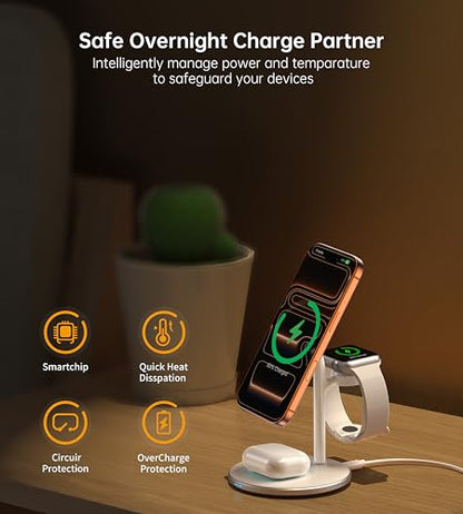 3 in 1 Magnetic Wireless Charging Station for Apple Devices,15W for Magsafe - color: White
