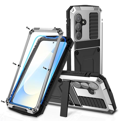 Simicoo for Samsung Galaxy S25 FE Metal Military Heavy Duty Case, Metallic Bumper Shockproof Dustproof Rugged Tough with Stand Screen Protector Camera Control Full Body Drop Protective Cover Silver - color: Silver