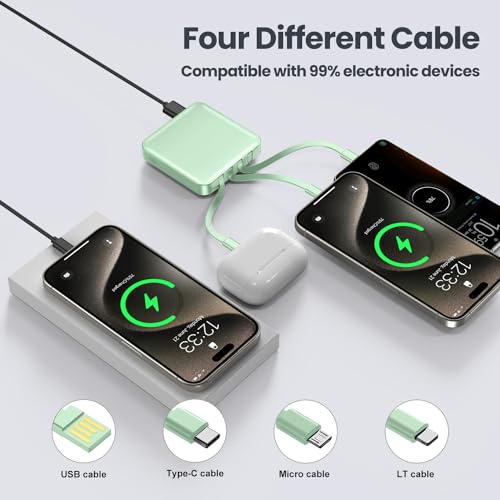 ummz Mini Portable Charger with Built-in 4 Cables，12000mAh Small Power Bank - color: green