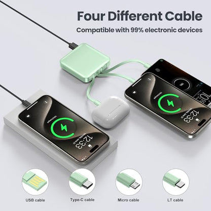 ummz Mini Portable Charger with Built-in 4 Cables，12000mAh Small Power Bank - color: green
