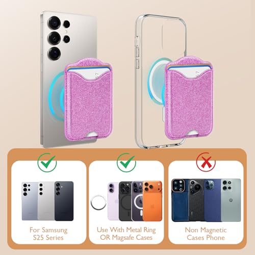 Fjcdslwx Compatible with Magsafe Wallet Magnetic Card Holder -Glitter Purple Phone Wallet for Galaxy S25 Series,iPhone 17/16/15/14/13 Series for Women Teen Girls for Apple Mag RFID Magnet,Fit 3 Cards - color: Purple