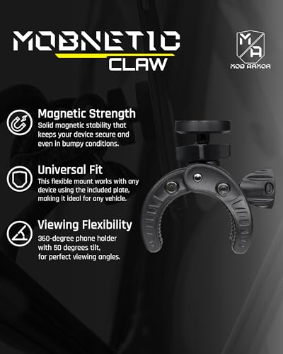 Mob Armor MobNetic Claw with 360° Rotation - Bar Mount for Golf Carts, Strollers, or Any enclsoed cab Vehicle with Round or Square Tubes- Universal Car Magnetic Phone Mount, Assembled in USA - Black