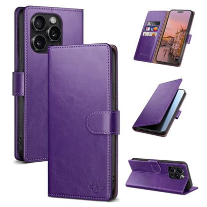 Wallet Case for iPhone 15 Pro 6.1", Purple | RFID-Blocking Card Holder, Kickstand, Magnetic Closure, PU Leather Folio Flip Cover, Protective Women Men Cases - color: Purple, size: iPhone 15 Pro