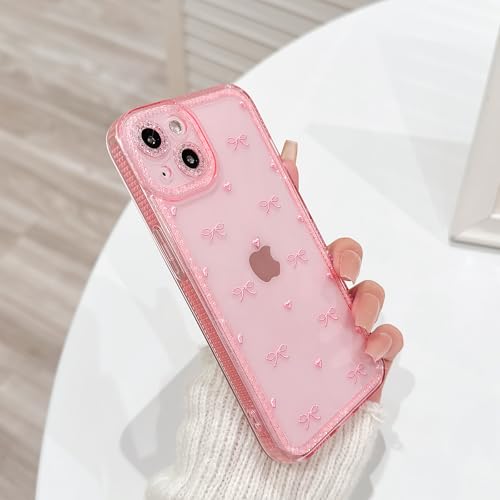 NITITOP Compatible with iPhone 13 Case Cute Clear Pink Glitter Bow Knot Design Shiny Star Sparkle Bling Diamond Girls Women Soft TPU Shockproof Protective Phone Cover - Little Bow Heart - color: Little Bow Heart, size: iPhone 13
