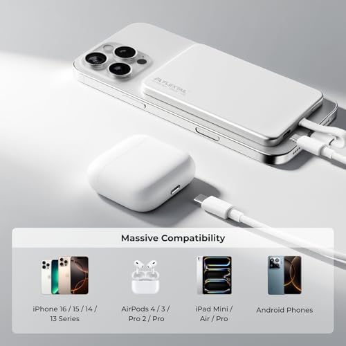 FLEXTAILGEAR Magnetic Power Bank, 5000mAh Ultra Slim Portable Charger with Built-in USB-C Cable, Travel Power Bank Compatible with iPhone 17/16/15 Series Galaxy and More
