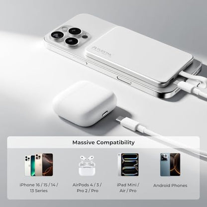 FLEXTAILGEAR Magnetic Power Bank, 5000mAh Ultra Slim Portable Charger with Built-in USB-C Cable, Travel Power Bank Compatible with iPhone 17/16/15 Series Galaxy and More