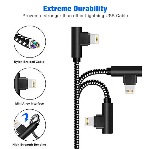 [3-Pack] Right Angle iPhone Charging Cable Nylon Braided 90 Degree Elbow Design Compatible with iPhone Xs Max/XS/XR/X, 8 7 6s 6 Plus, SE, 5s, 5c, 5, iPad Mini/Air/Pro (Black White, 10ft) - color: White