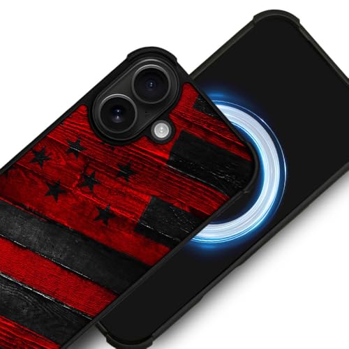 DJSOK Case for iPhone 17,Compatible with MagSafe,Anti-Scratch Shockproof Case,Black Red Wood Grain American Flag - color: Black red wood grain American flag, size: IPhone 17