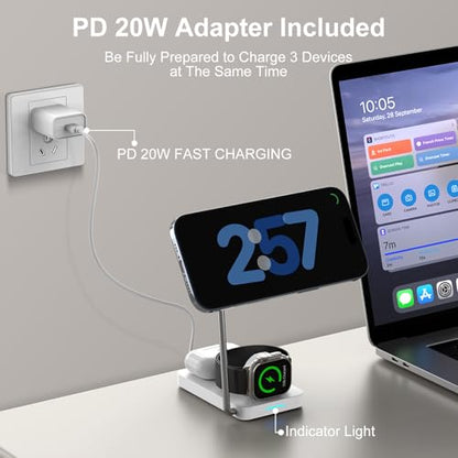 3 in 1 Wireless Charging Station, PD20W Foldable Magnetic Wireless Charger for Apple Devices iPhone 12-16 Series Apple Watch AirPods Pro (White)