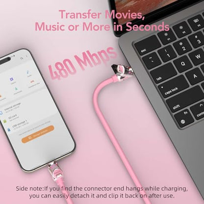 MFish 240W 4-in-1 Fast Charging Cable, Pink, 10FT - color: Pink, size: 10FT