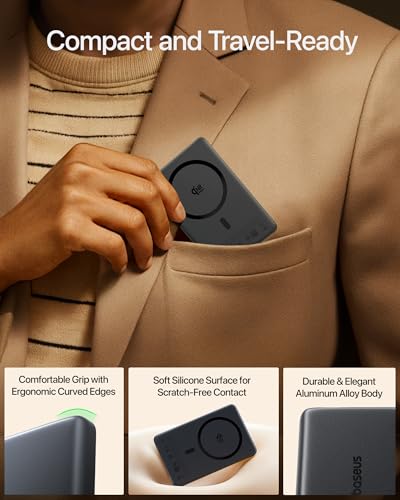 Baseus Picogo AM52 MagSafe Power Bank, Qi2.2 25W 10,000mAh Magnetic Portable Charger, 0.6" Slim 45W USB-C Fast Charging Alloy Wireless Battery Pack, Travel Essential for iPhone 17/16/15/14/13/12 Only - color: Black