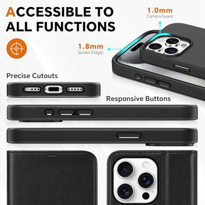 TUCCH 2-in-1 Detachable Wallet Case for iPhone 15 Pro (6.1") 2023, Black | 4 Card Holders, RFID Blocking, Wireless Charging, Kickstand, Shockproof TPU, PU Leather, Magnetic, Folio Cover - color: Black (2-in-1 Detachable)