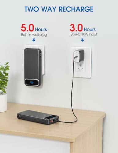 Nusyddy Portable Charger 12000mAh Fast Charging w/Built-in Wall Plug Black - color: Ebony
