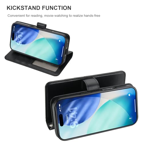 Bocasal Detachable Wallet Case Card Holder for iPhone 17 Pro, Black | RFID Blocking Kickstand Card Slots Holder PU Leather Magnetic Shockproof Wrist Strap Removable Flip Protective Cover 6.3 inch - color: Black
