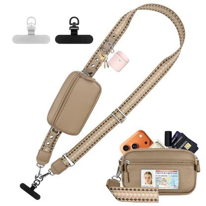 YFWE Clip and Go Phone Strap with Crossbody Wallet, Adjustable Phone Lanyard with Detachable RFID Wristlet Wallet, Anti-Theft Leather Purse with ID Window for Travel Essentials (Khaki) - color: Khaki