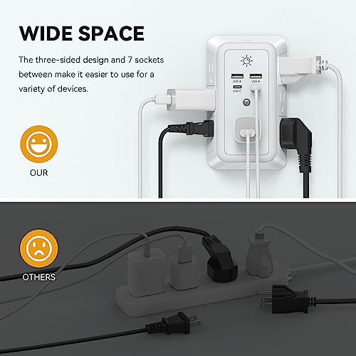 Multi Plug Outlet, USB Wall Charger, Surge Protector, 7 Outlet Extender with 4 USB Charging Ports (2 USB C) 1680J Power Strips Outlets with Night Light, Wall Plug Adapter Spaced for Home Travel Office