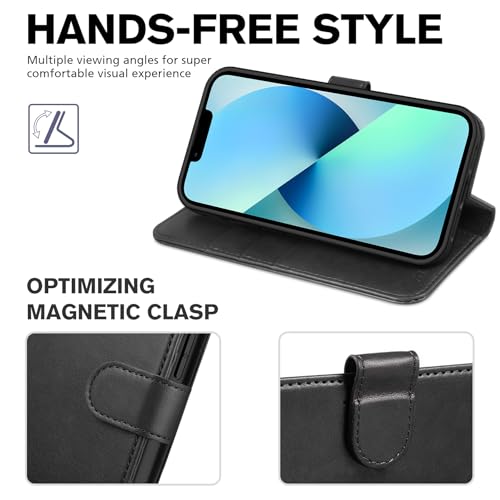 TUCCH Wallet Case for iPhone 13 (6.1") 2021, 3 Card Holders, Black | RFID Blocking, Viewing Stand, Shockproof TPU Shell, PU Leather, Magnetic Closure, Protective Folio Flip Cover - color: Black