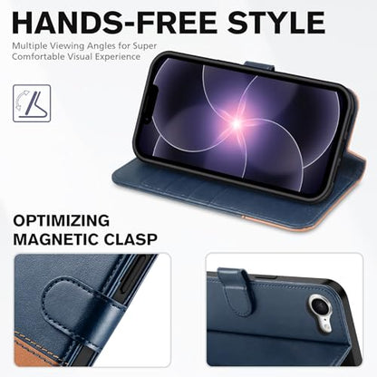 TUCCH Wallet Case for iPhone 17e & 16e (6.1"), 4 Card Holders, Blue & Brown | RFID Blocking, Viewing Stand, Shockproof TPU Shell, PU Leather, Magnetic Closure, Protective Folio Flip Cover - color: Two-tone Blue & Brown