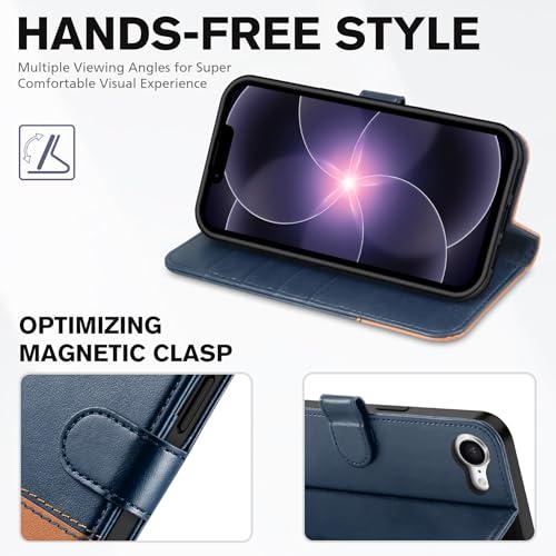 TUCCH Wallet Case for iPhone 17e & 16e (6.1"), 4 Card Holders, Blue & Brown | RFID Blocking, Viewing Stand, Shockproof TPU Shell, PU Leather, Magnetic Closure, Protective Folio Flip Cover - color: Two-tone Blue & Brown
