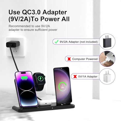 Wireless Charger for iPhone Charging Station, Foldable 4 in 1 Fast Charging for iPhone 16 15 14 13 12 Pro Max Plus, Charger Stand for Apple Watch & Airpods 4 3 2 Pro,for Samsung Series Black