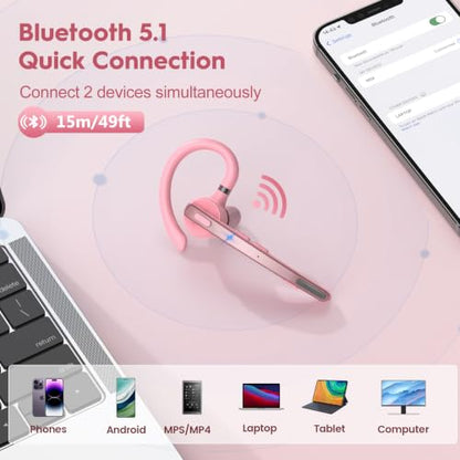 Bluetooth Headset 72H Work Single-Ear Wireless Earpiece for Cell Phone Call - color: Pink+gray