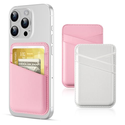 SHANSHUI 2 Pack Phone Wallets, Cell Phone Card Holder Premium Leather Credit Card Holder Stick on Compatible with iPhone, Most Smartphones - color: White+Pink