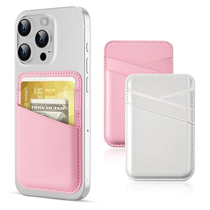 SHANSHUI 2 Pack Phone Wallets, Cell Phone Card Holder Premium Leather Credit Card Holder Stick on Compatible with iPhone, Most Smartphones - color: White+Pink