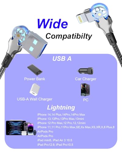 90 Degree Lightning Cable with 180°Rotating Head, 6Ft Fast Charge Right Angle Lightning Cable Compatible with iPhone14/13/12/11/X/8/7/6/5/SE/Pod/Pad Mfi Certified Rotating Charging Cable for iPhone